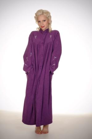 Button Up House Coat With Embroidery in Purple